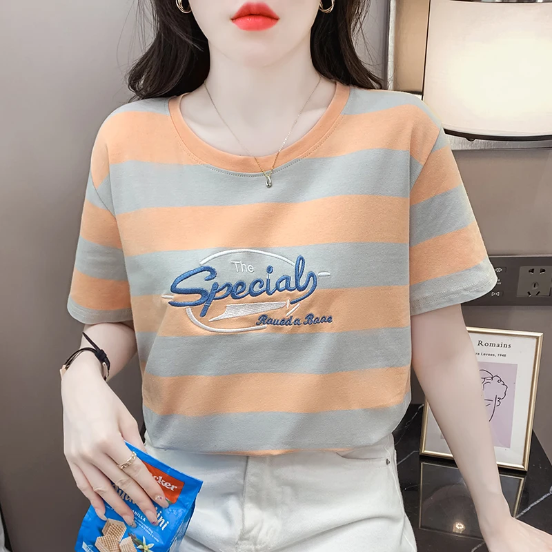 Peru-Loose-Round-Neck-Short-Sleeved-Womens-Fashion-Versatile-Striped-Womens-T-shirt-Top-Womens-Clothing