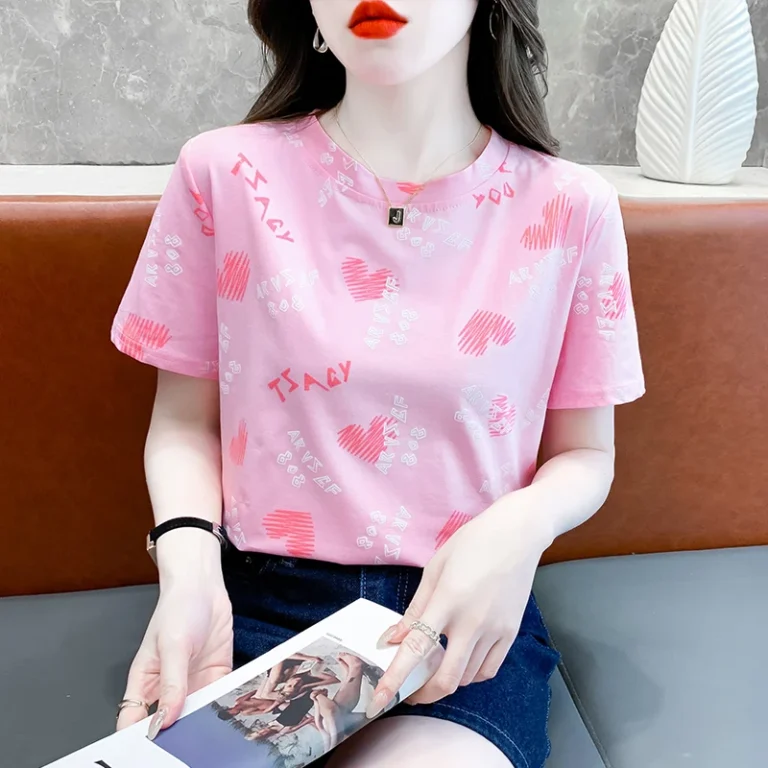 Peruvian-Short-Sleeved-Womens-Loose-Round-Neck-Versatile-Womens-T-shirt-Womens-love-Letter-Printed-Top