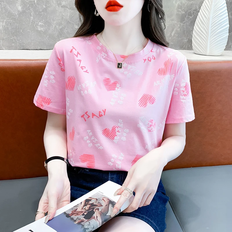 Peruvian-Short-Sleeved-Womens-Loose-Round-Neck-Versatile-Womens-T-shirt-Womens-love-Letter-Printed-Top