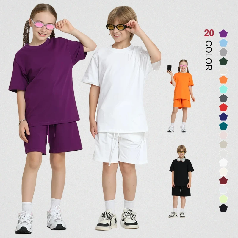 Plain-Blank-275GSM-Heavyweight-Cotton-Round-Neck-Short-Sleeve-Oversized-Kids-T-Shirts-Custom-Logo-Tshirt
