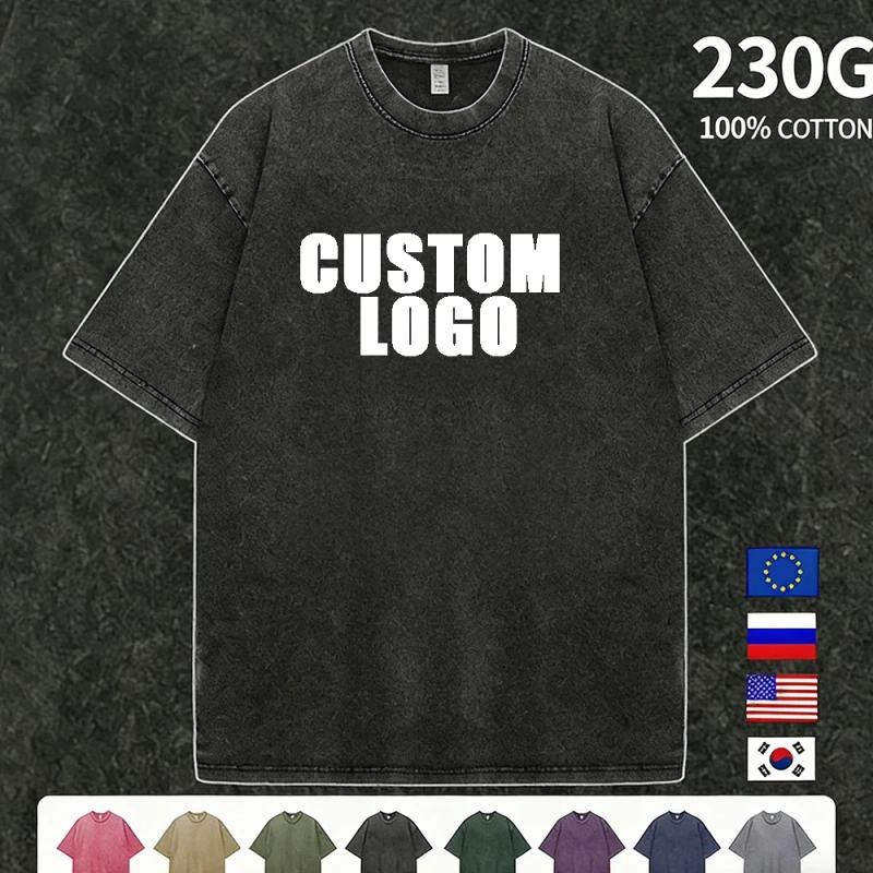 Plain-Graphic-Custom-Men-Women-Casual-Tees-DIY-Printed-Logo-230g-Heavy-duty-Pure-Cotton-Washed-Vintage-T-shirt