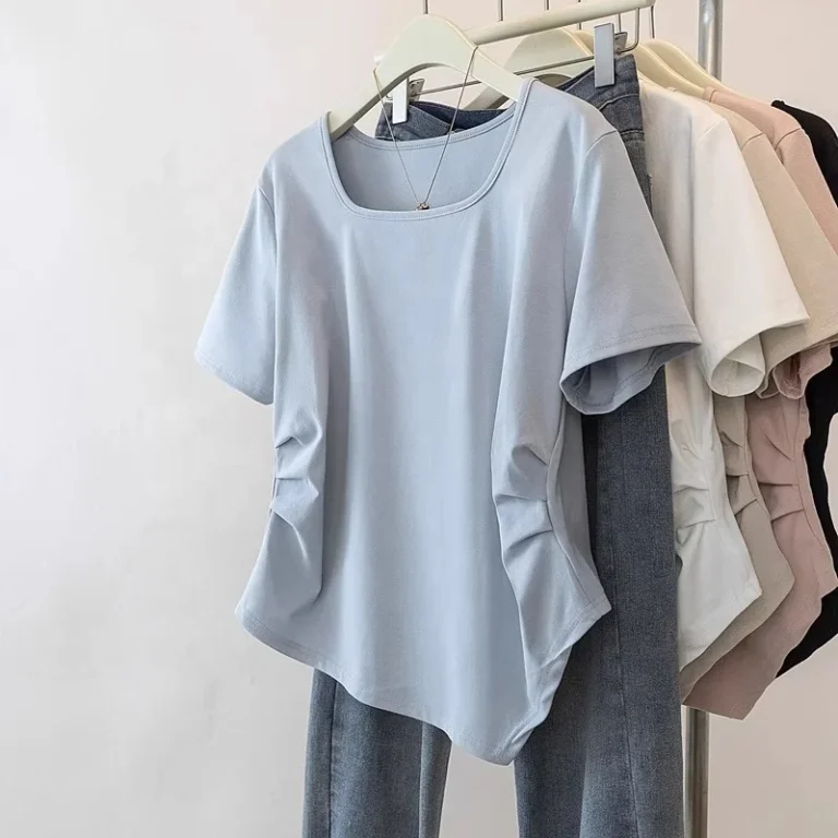 Plus-Size-5XL-Womens-Summer-Square-Neck-Casual-Regular-Shoulder-Short-Sleeve-T-Shirt-Loose-Irregular-Hem-Top