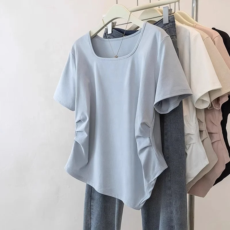 Plus-Size-5XL-Womens-Summer-Square-Neck-Casual-Regular-Shoulder-Short-Sleeve-T-Shirt-Loose-Irregular-Hem-Top