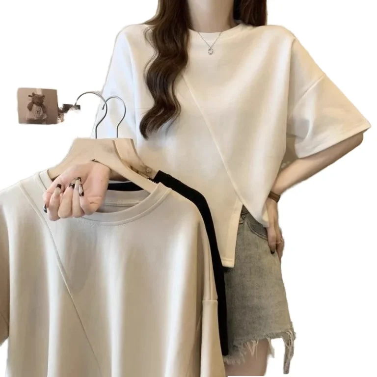 Plus-Size-Casual-Polyester-Womens-Summer-Slimming-Short-sleeved-Shoulder-T-Shirt-Breathable