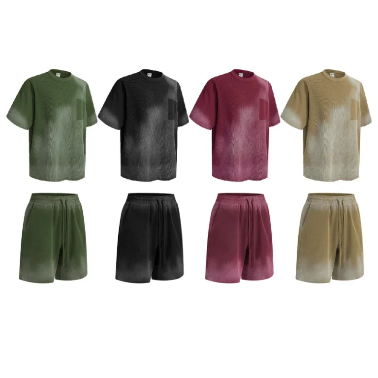 Plus-Size-Cotton-Mens-Womens-Clothing-325g-Printed-Waffle-Fabric-Washed-Vintage-Loose-Edge-T-Shirt-Pants-Set