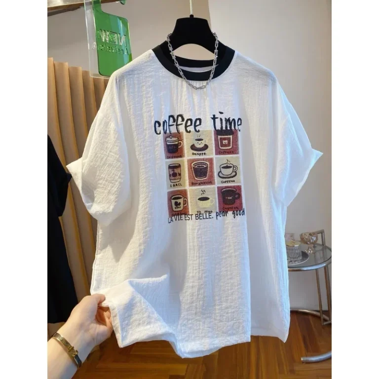 Plus-Size-Women-Summer-Color-Block-Crew-Neck-Cartoon-Letter-Non-Iron-Polyester-Loose-Fit-Slimming-Casual-T-Shirt