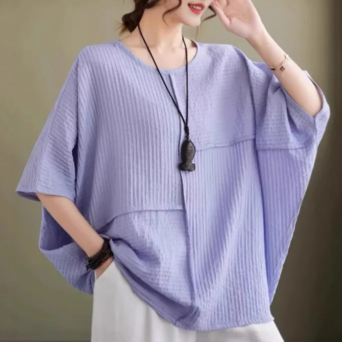 Plus-Size-Womens-100-Cotton-Pleated-Loose-Fit-Crew-Neck-Long-T-Shirts-with-Silk-Screen-Logo-for-Summer-Wear