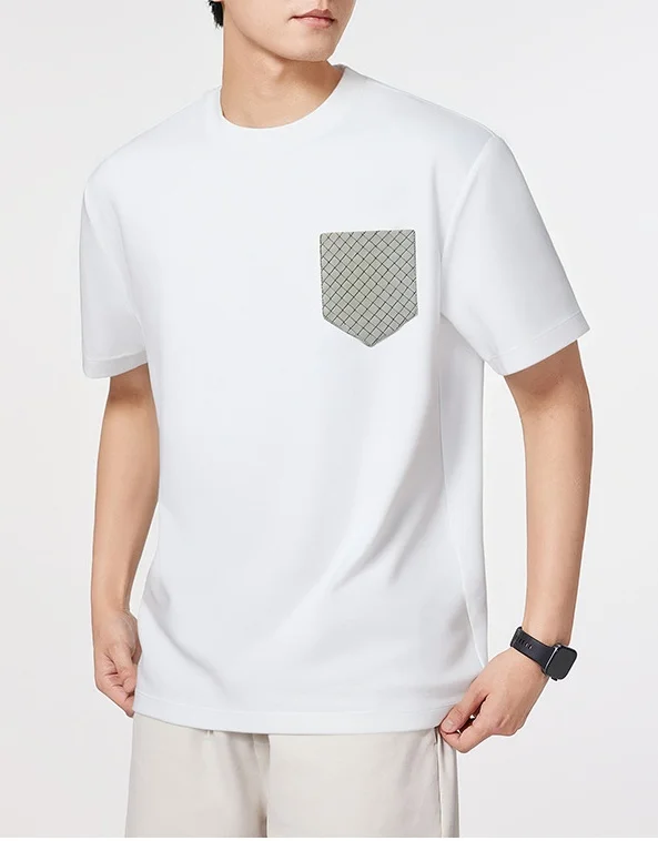 Polyester-Cotton-T-shirt-Front-Printed-Logo-Plus-Size-Casual-Style-Breathable-Anti-Pilling-Knitted-Convenient-Pocket