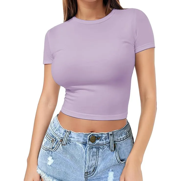 Polyester-Spandex-Women-Summer-Logo-Plain-Dyed-Woven-Crop-Top-T-Shirts-Quick-Dry-Casual-Street-Wear