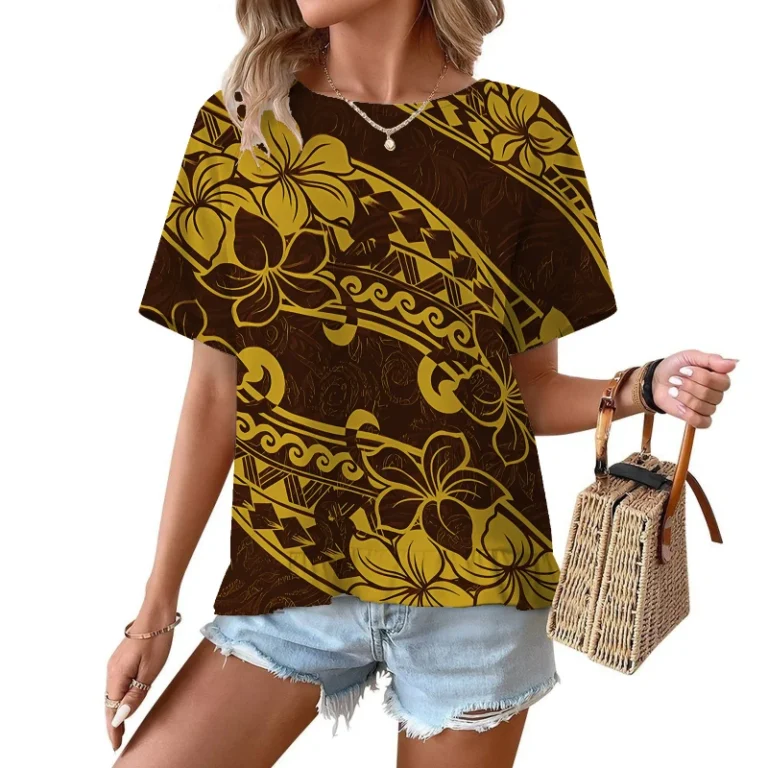 Polynesian-Elei-Tribal-Design-Custom-Eco-Friendly-Breathable-Casual-Womens-Ruffled-Hem-Short-sleeved-T-shirt