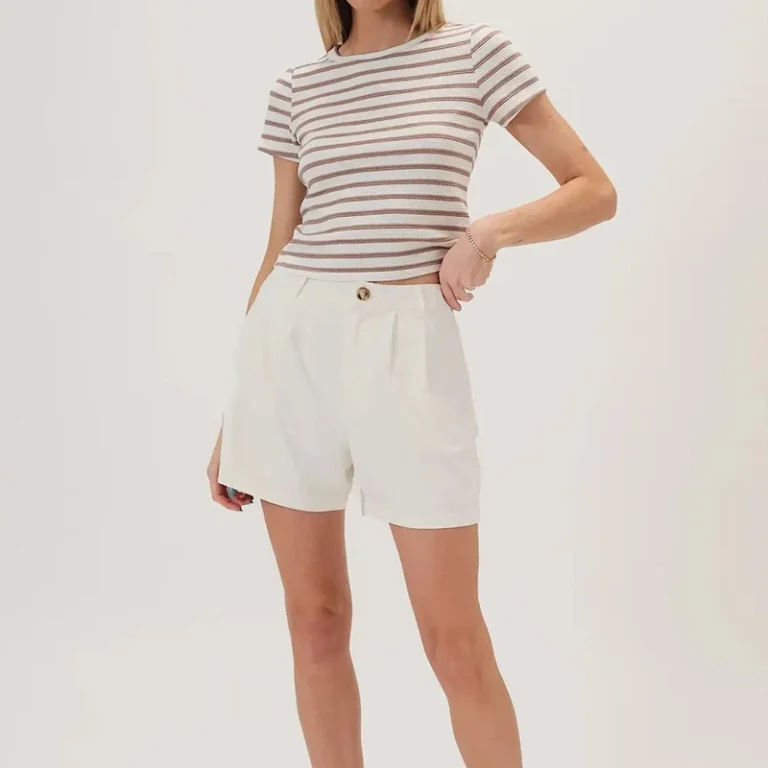 Premium-Stretchy-Ribbed-Classic-Crew-Neck-Womens-Taupe-Stripe-Textured-Slim-Fit-T-Shirt
