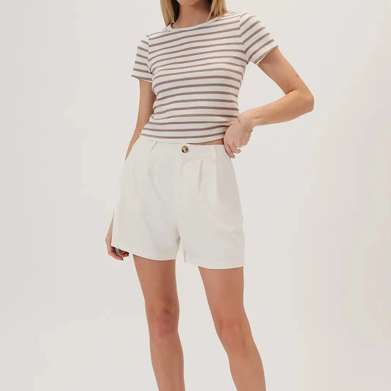 Premium-Stretchy-Ribbed-Classic-Crew-Neck-Womens-Taupe-Stripe-Textured-Slim-Fit-T-Shirt