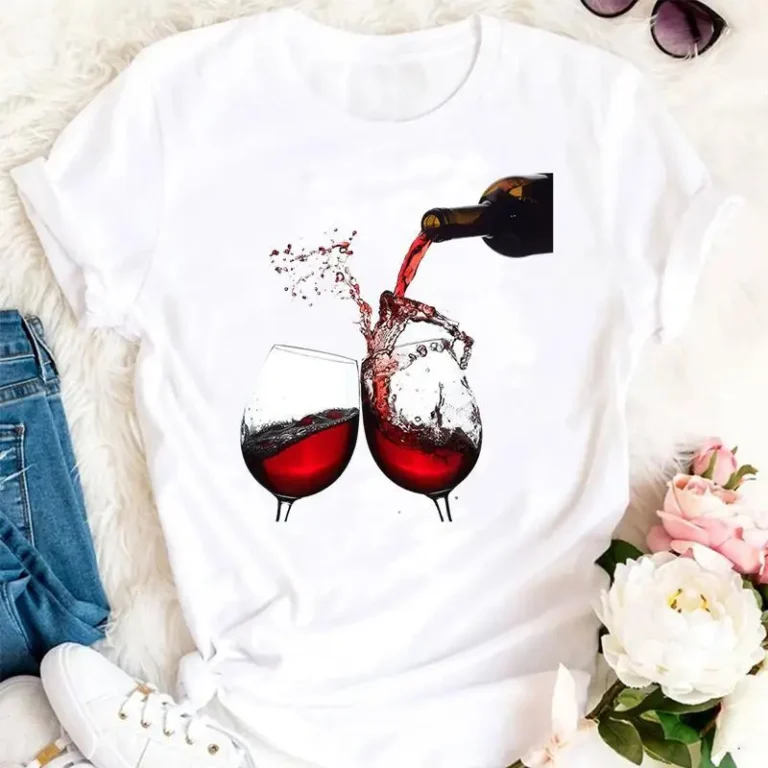 Print-T-Shirt-Graphic-Short-Sleeves-Wine-Lady-Short-Sleeve-Cartoon-White-Female-T-Shirt