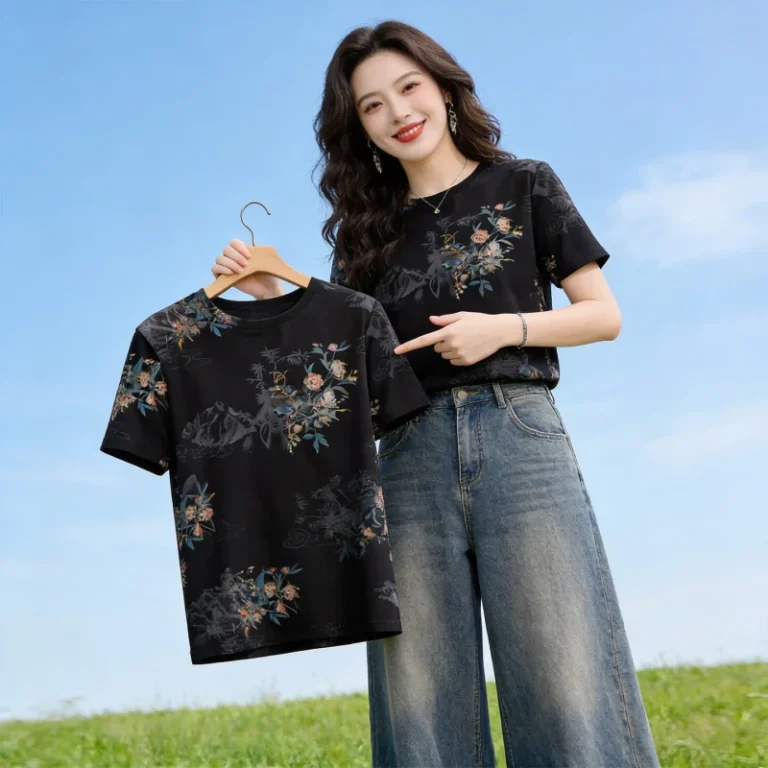 Printed-Short-Sleeved-T-shirt-Womens-Loose-Round-Neck-Womens-Clothing-Slimming-Fashion-Versatile-Top-Clothing