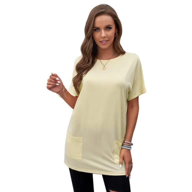 Pure-Color-Short-Sleeve-T-Shirt-for-Women-Summer-European-New-Round-Collar-Pocket-Loose-Long-Top-for-Women