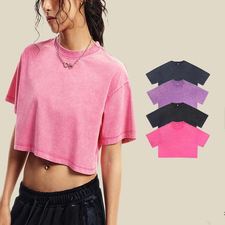 Pure-Cotton-Short-T-shirts-for-Women-DTG-Retro-Acid-washed-Womens-T-shirts-Cut-and-Custom-logo-Slim-Short-T-shirts