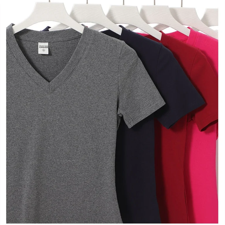 RUICHI-Womens-230GSM-Spandex-T-Shirt-Slim-Fit-Pure-Desire-Style-V-Neck-Regular-Shoulder-Solid-Color-Basic-Short-Sleeve-Top