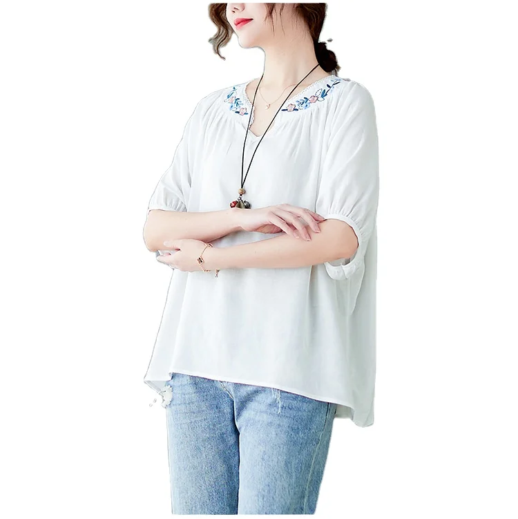 Ready-Ship-Womens-Casual-Floral-Embroidery-Summer-T-Shirt-Batwing-Sleeve-Plus-Size-Loose-Fit-100-Cotton-Eco-Friendly-1