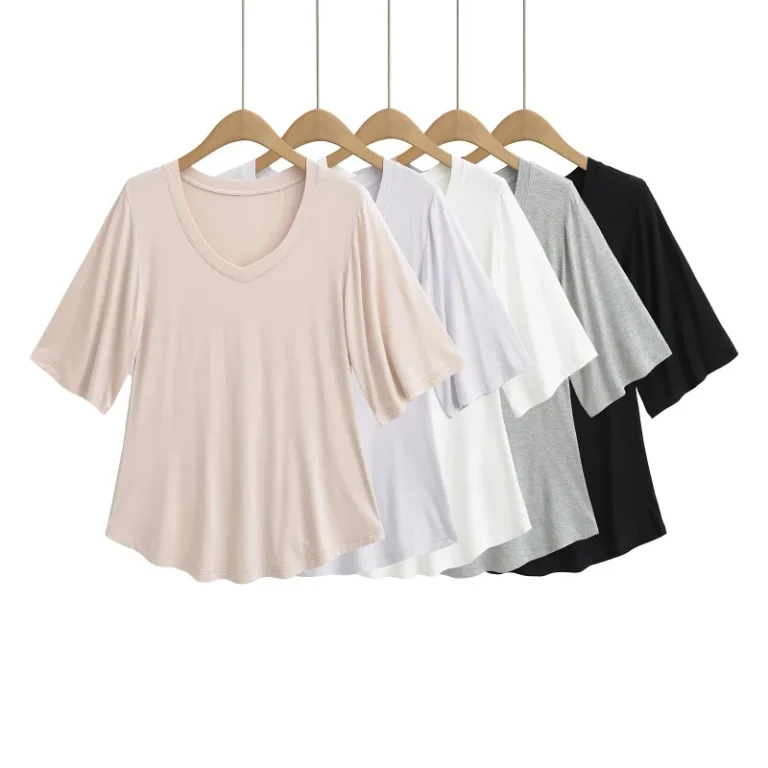 Regular-Fit-Lightweight-Breathable-V-Neck-T-Shirt-for-Women-Loose-Casual-Summer-Top-with-Curved-Hem