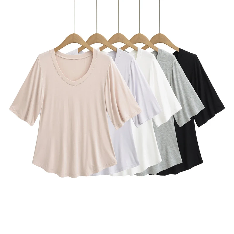Regular-Fit-Lightweight-Breathable-V-Neck-T-Shirt-for-Women-Loose-Casual-Summer-Top-with-Curved-Hem