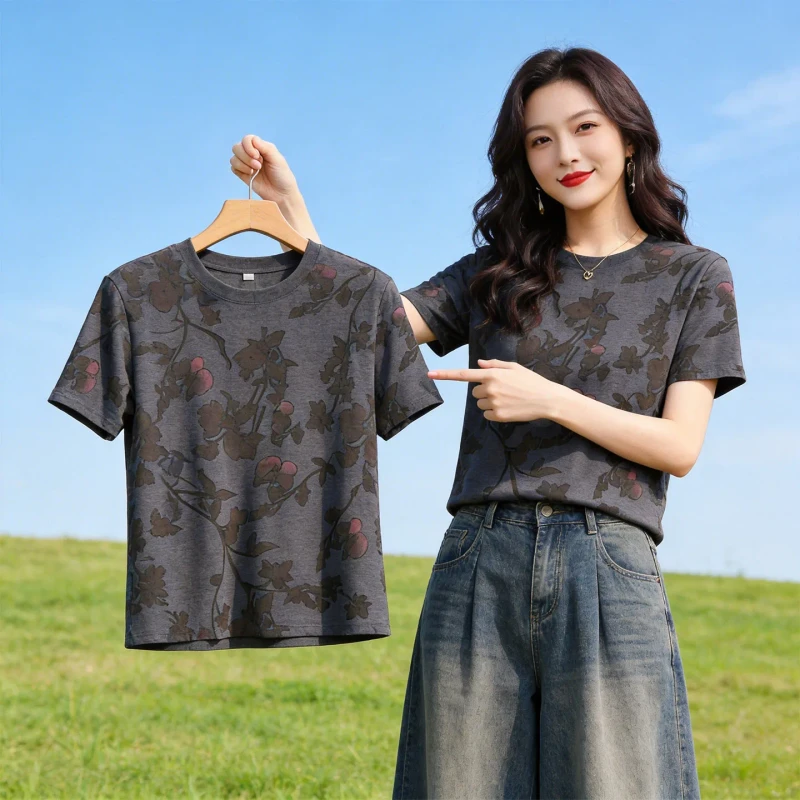 Retro-Printed-Short-Sleeved-T-shirt-Womens-Loose-Top-Loose-and-Age-Reducing-Versatile-Slimming-T-shirt