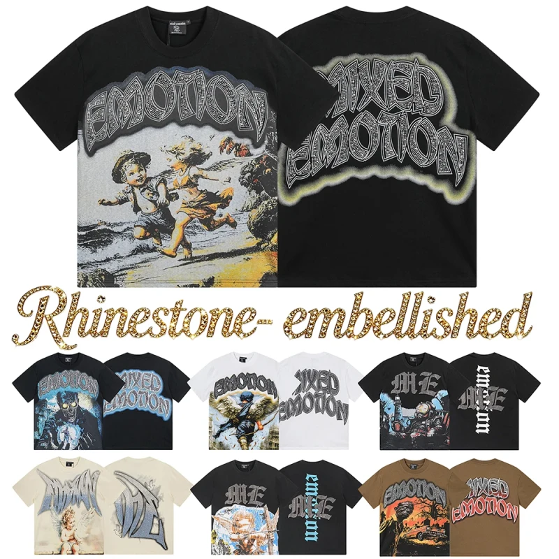 Rhinestones-High-Quality-100cotton-Tees-Graphic-Y2K-Oversize-Streetwear-Tshirt-Designer-Mixed-Emotion-Mens-T-Shirt
