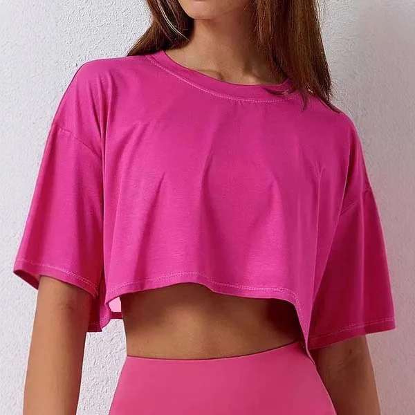 Round-Neck-Short-Crop-Midriff-Baring-Short-Sleeve-Top-Sporty-Loose-Comfortable