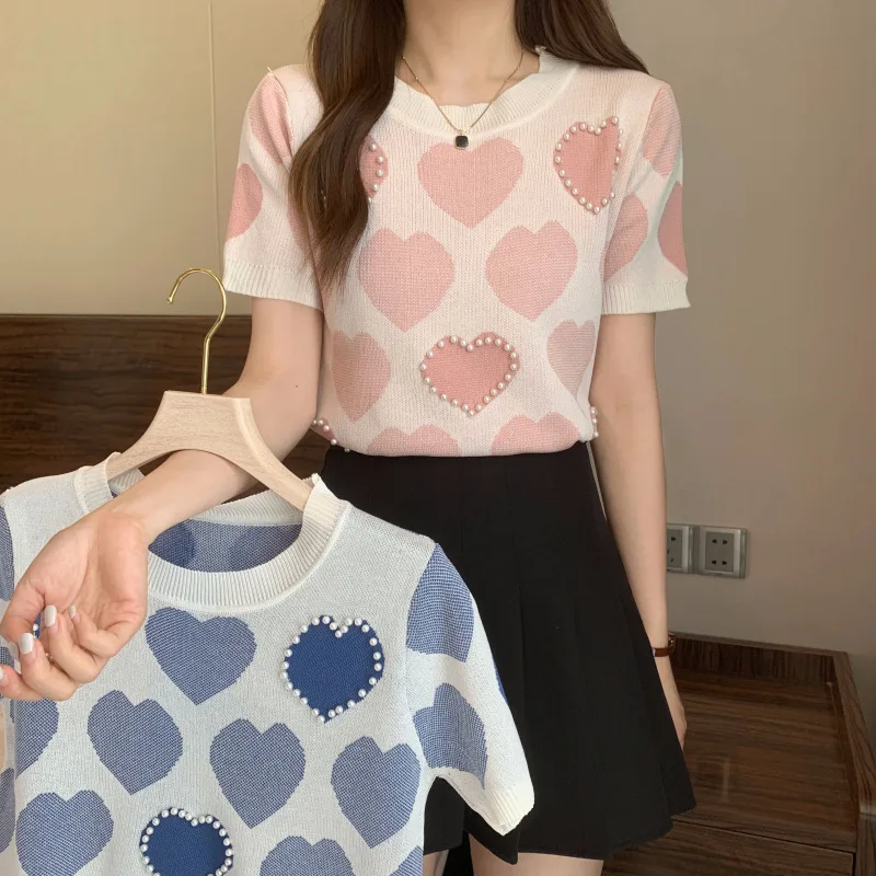 Round-Neck-Womens-T-shirts-Heart-Pattern-Tops-for-Women-Knitted-Womens-Clothing