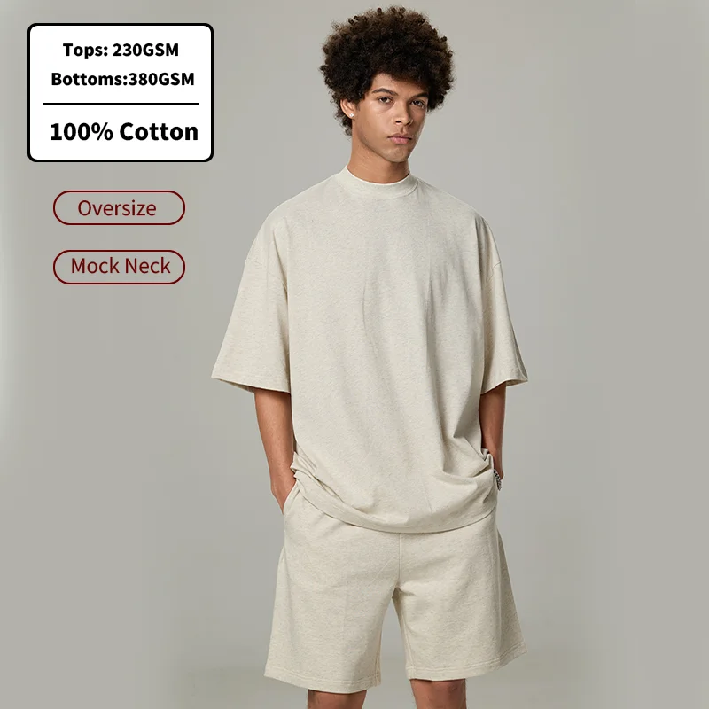 SS265076-Custom-Logo-Oversize-Mock-Neck-380Gsm-100-Cotton-T-Shirt-Set-High-Quality-Heavyweight-Shorts-Tracksuit-Clothes-for-Men