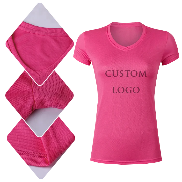 Screen-Printing-100-Polyester-Mesh-v-Neck-Women-s-T-shirt