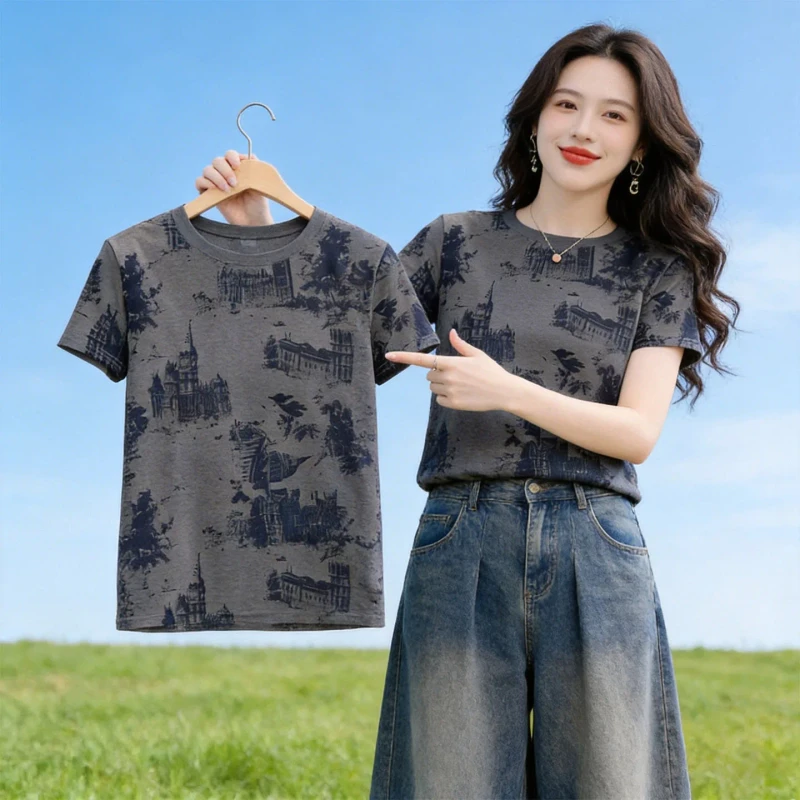 Short-Sleeved-T-shirt-for-Women-Loose-and-Versatile-Womens-Top-Round-Neck-Womens-Clothing