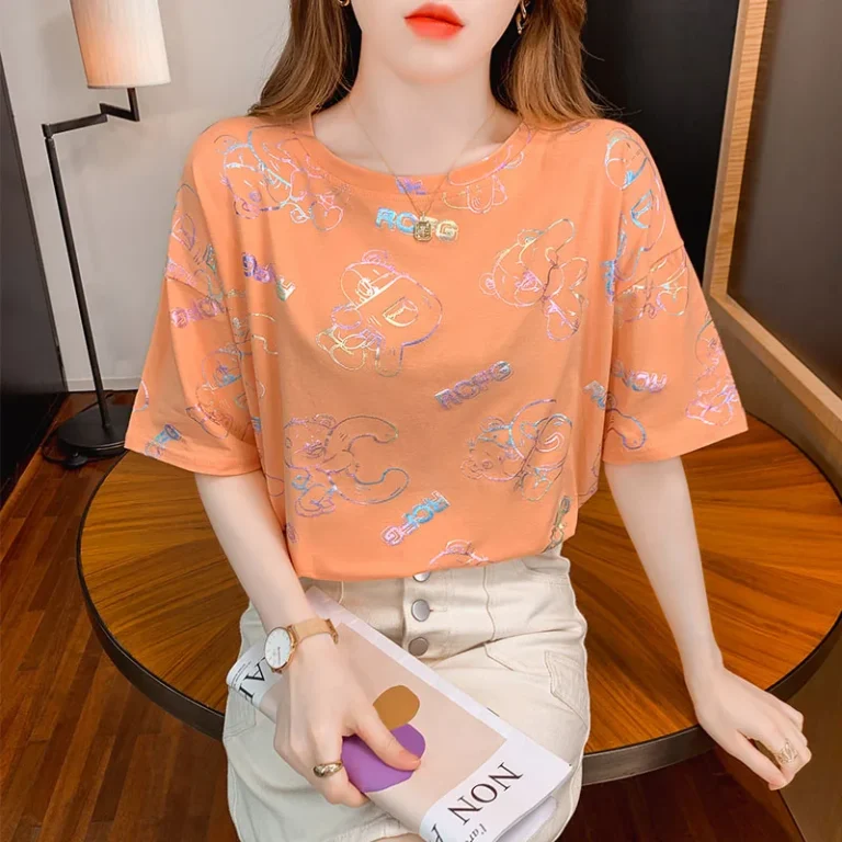 Short-Sleeved-Womens-T-shirt-Loose-Fashion-Printed-Round-Neck-T-shirt-Korean-Version-Womens-Top-Womens-Clothing