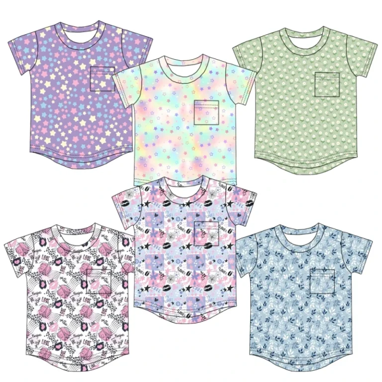 Short-sleeved-Baby-Girl-T-shirt-with-Custom-Print-Front-Pocket-Comfortable-Cotton-Childrens-Short-sleeved-Top