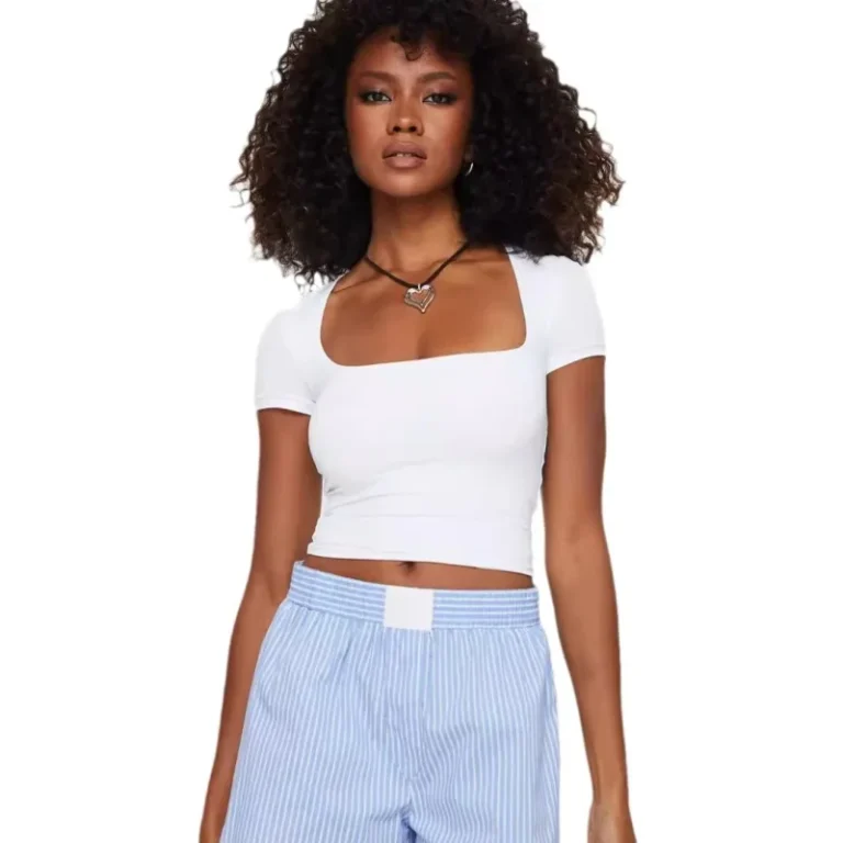 Slim-Solid-Color-Short-Sleeve-Tee-Shirt-Summer-Square-Collar-Casual-T-shirt-Woman