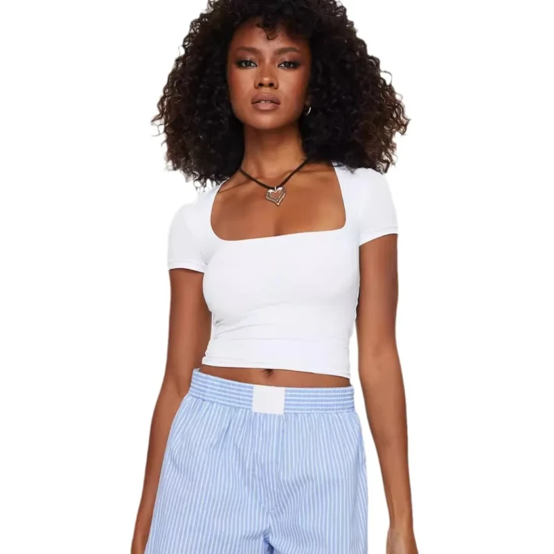 Slim-Solid-Color-Short-Sleeve-Tee-Shirt-Summer-Square-Collar-Casual-T-shirt-Woman