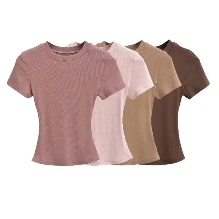 Solid-Y2K-Tee-Tops-Round-Neck-Rib-Baby-Tee-Elastic-Shoulder-Short-Sleeved-T-shirt-Summer-New-Collection-Waist-Cinching
