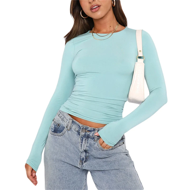 Spring-Autumn-Solid-Slim-Street-Wear-Long-Sleeve-Women-Sports-Fitness-Top-O-neck-Skinny-Solid-Color-Ladies-T-shirts