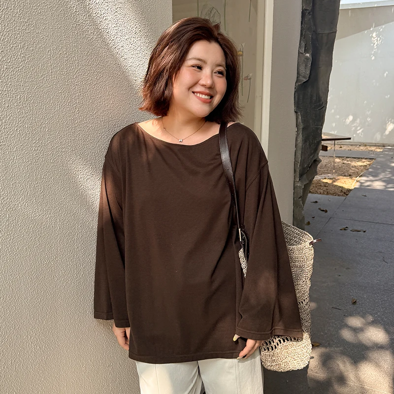 Spring-Summer-One-Piece-Collar-Shoulder-Sleeves-Casual-Style-Comfortable-Long-Sleeve-Loose-Fit-Large-Womens-T-shirt