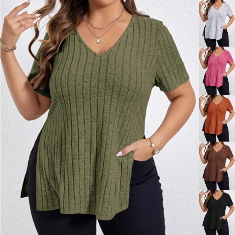 Spring-Summer-Solid-Color-Plus-Size-Womens-V-Neck-Short-Sleeve-Slit-Ribbed-Polyester-Spandex-Brushed-t-Shirt-for-Women-Ladies