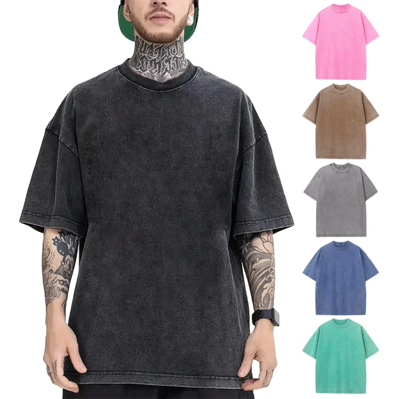 Spring-Summer-Vintage-Distressed-Washed-Men-Oversized-Solid-Knitted-Custom-Your-Own-Logo-100-Cotton-Heavyweight-Acid-Wash