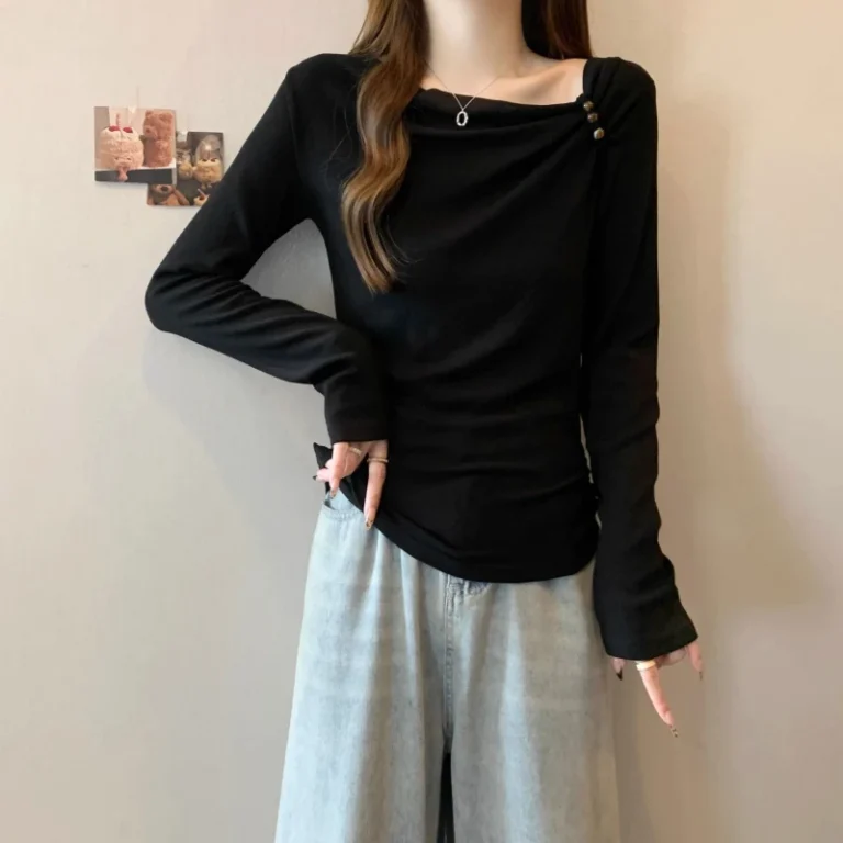 Spring-Summer-Womens-Criss-cross-Collar-One-Shoulder-T-Shirt-Slim-Fit-Long-Sleeved-High-End-Design-Sexy-Club-Breathable-Knitted