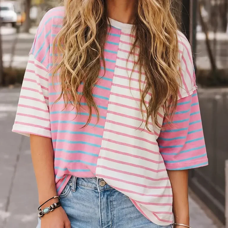 Stripe-Design-Summer-T-Shirt-Casual-Patchwork-Womens-Asymmetrical-Pink-Blue-Stripe-Drop-Shoulder-T-Shirt