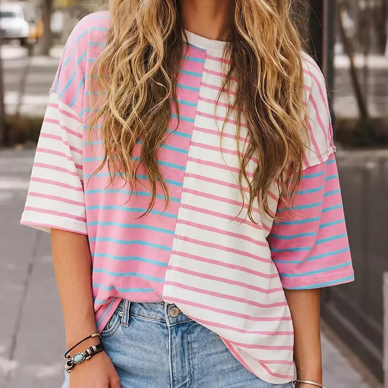 Stripe-Design-Summer-T-Shirt-Casual-Patchwork-Womens-Asymmetrical-Pink-Blue-Stripe-Drop-Shoulder-T-Shirt