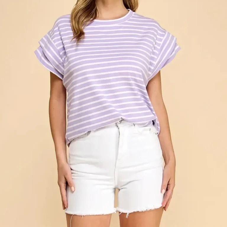 Striped-Short-Sleeve-Slim-Fit-Soft-Breathable-Casual-Wear-Multi-Color-Womens-Lavender-Stripe-Drop-Shoulder-T-Shirt