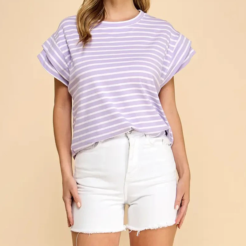 Striped-Short-Sleeve-Slim-Fit-Soft-Breathable-Casual-Wear-Multi-Color-Womens-Lavender-Stripe-Drop-Shoulder-T-Shirt