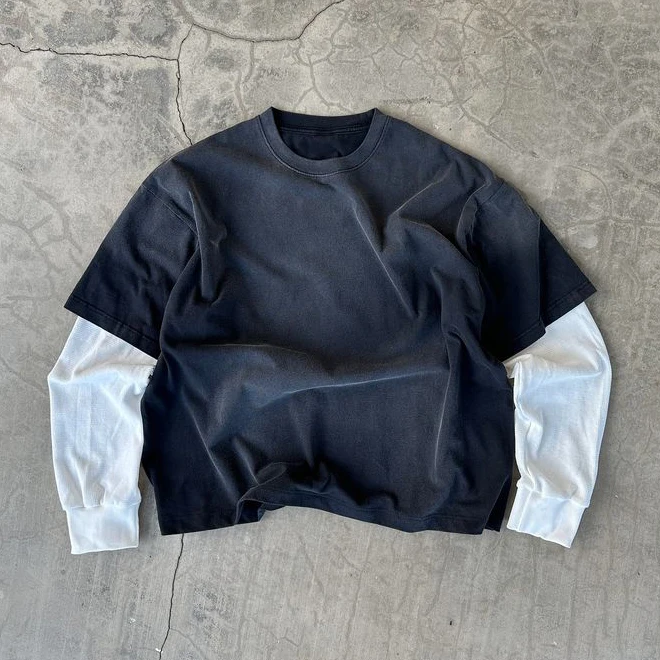 Style-Long-T-Shirts-260gsm-100-Cotton-Waffle-Sleeves-Shirts-Boxy-Cropped-Cut-Slight-Oversize-Fit-Sun-Fade-Shirts