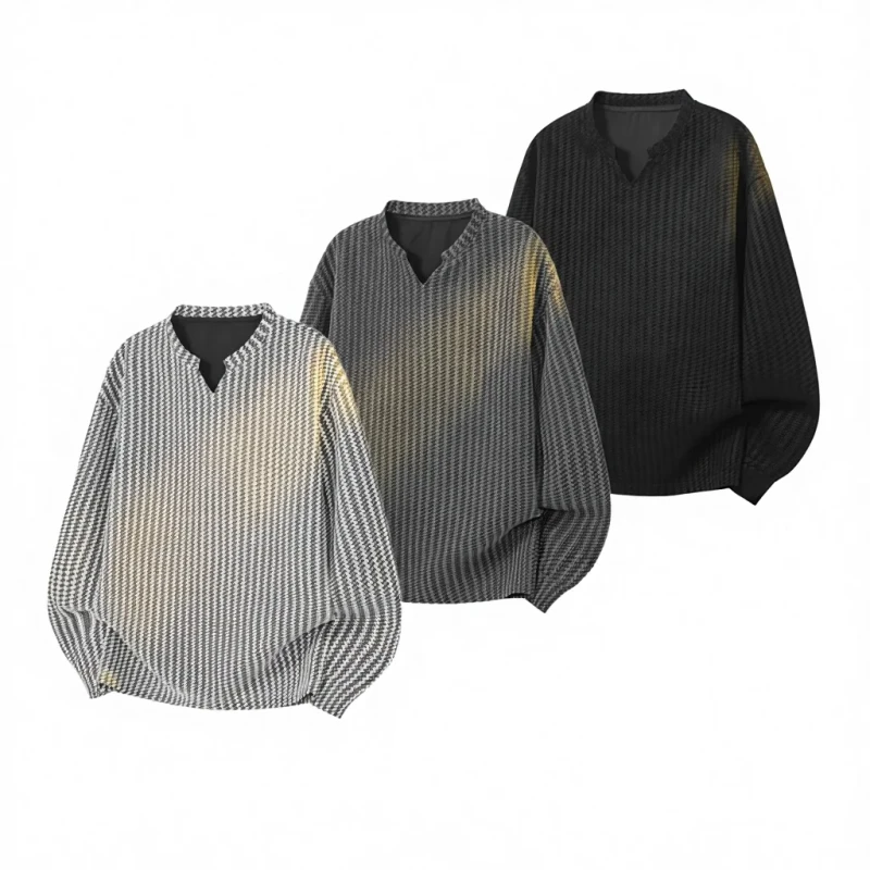 Style-V-Neck-Long-Sleeved-Bamboo-Fiber-Washed-Wear-Resistant-T-Shirt-Autumn-Black-White-Color-Block-Striped-Loose
