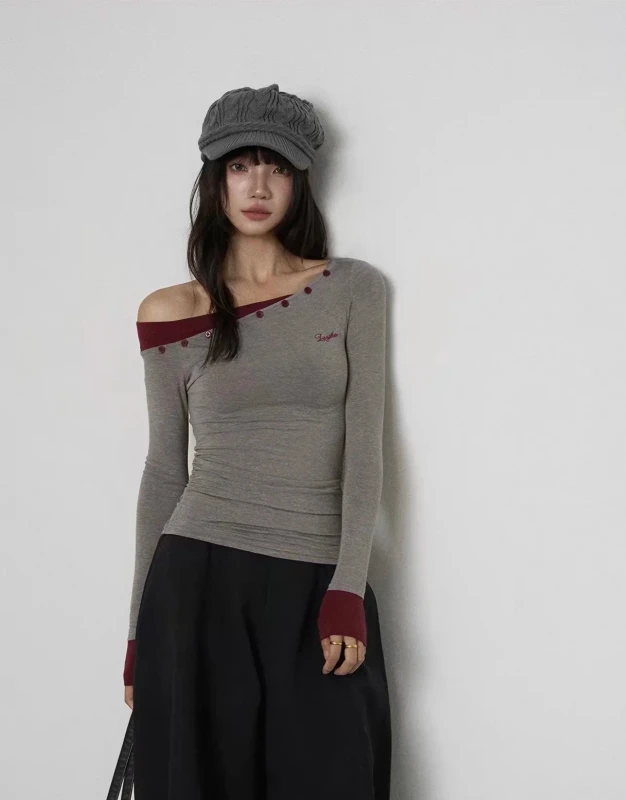 Stylish-Color-blocked-Off-shoulder-Top-Fitted-Versatile-Trendy-Long-sleeved-T-shirt-for-Women