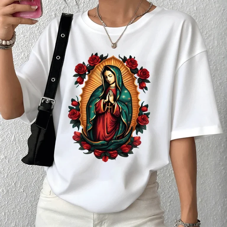 Stylish-Religious-Art-Print-Tee-for-Women-Elegant-Virgin-Mary-Red-Roses-Graphic-Soft-Cotton-Casual-Fit-Size-Womens-T-Shirts