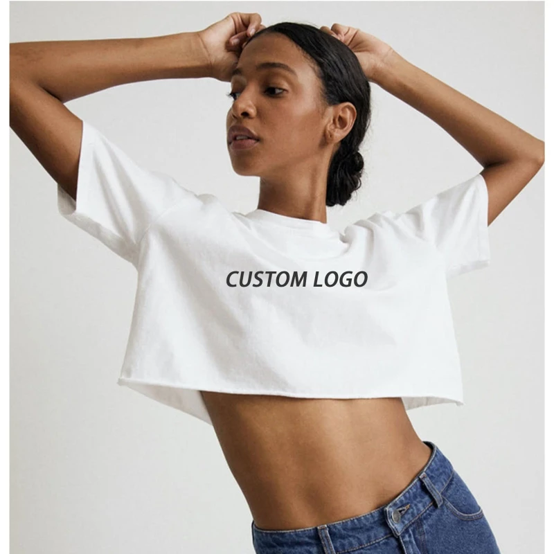 Summer-200-GSM-Short-T-Shirt-100-Cotton-Girl-Crop-Top-Loose-Fit-Custom-logo-DTG-Print-O-neck-Sports-Style-Womens-T-shirt